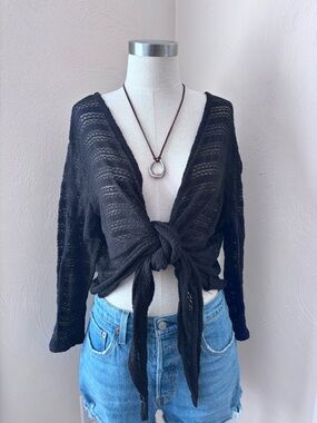 Faded Glory Black Open-Knit Tie-Front Top